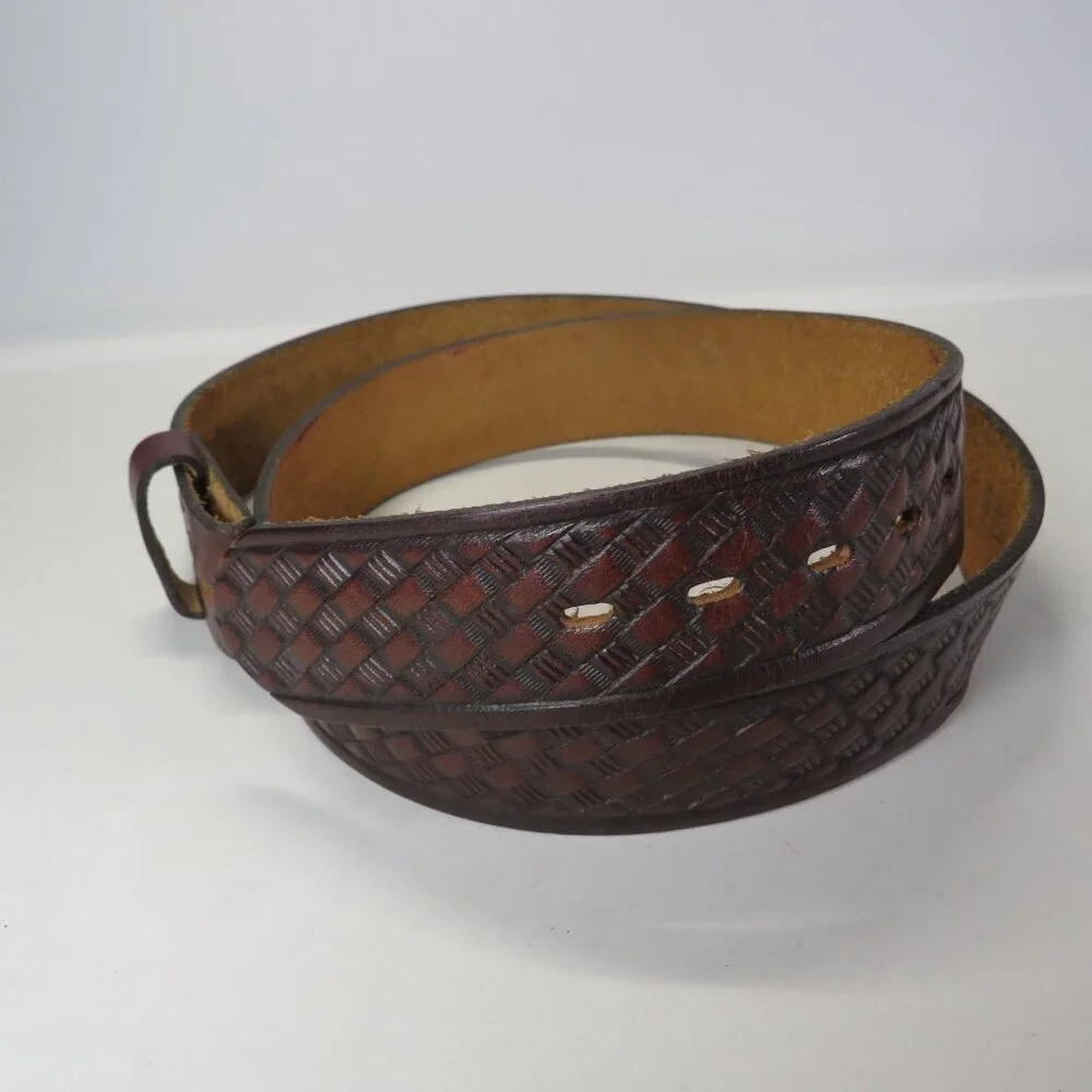 Brown Leather Belt tooled basket weave detail embossed size 36 and 1 1/2
